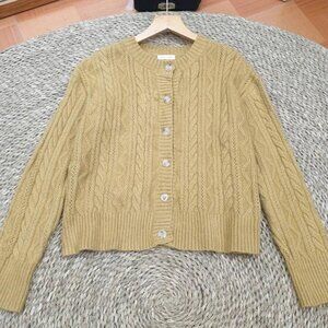 Mustard Yellow Cable Knit Cardigan Pearl Button Cozy Sweater 🌾